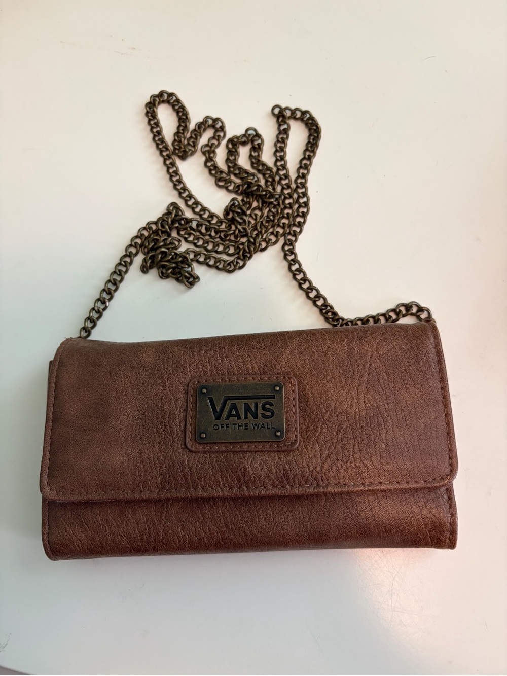 NWOT Vans Brown Leather Crossbody Clutch with Chain Strap